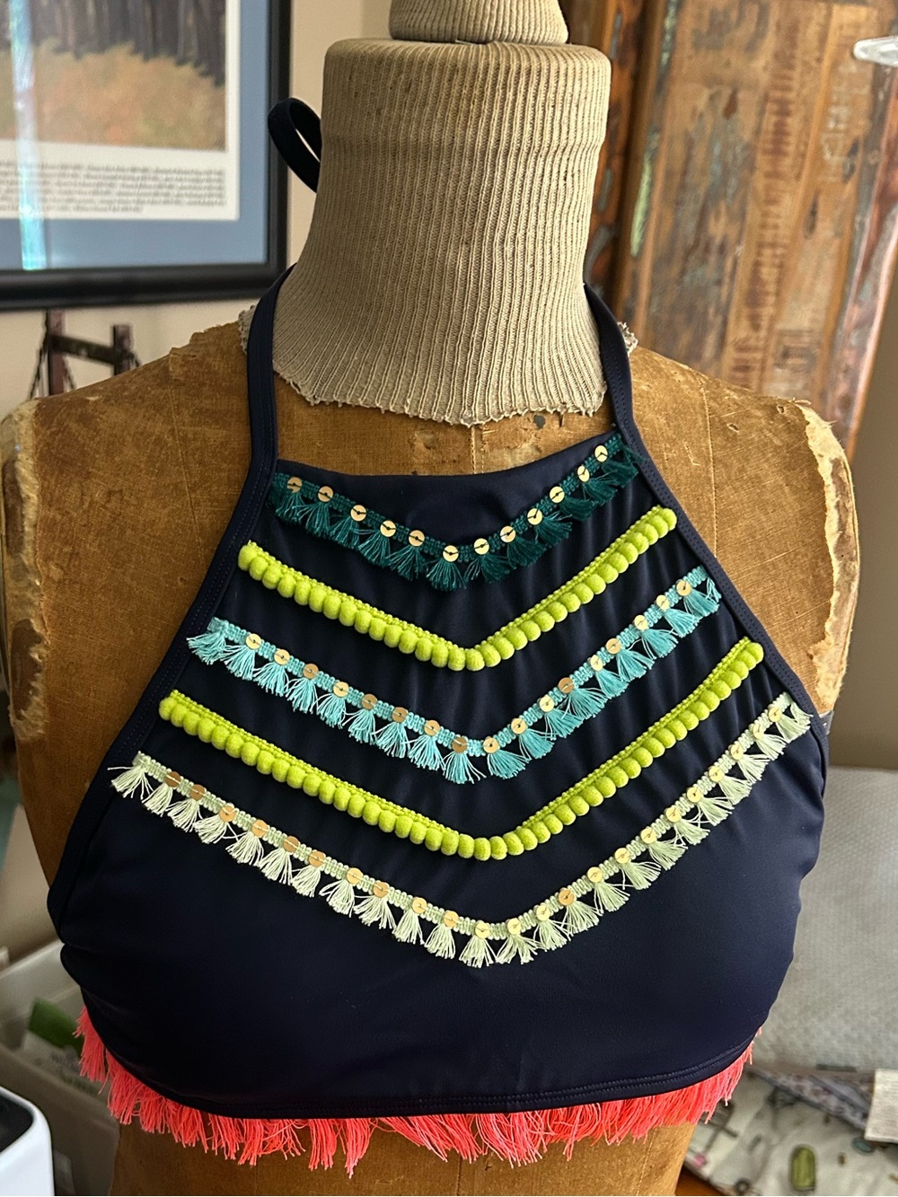 aerie Navy High-Neck Bikini Top with Coral Fringe | Size Medium (New $34.95)